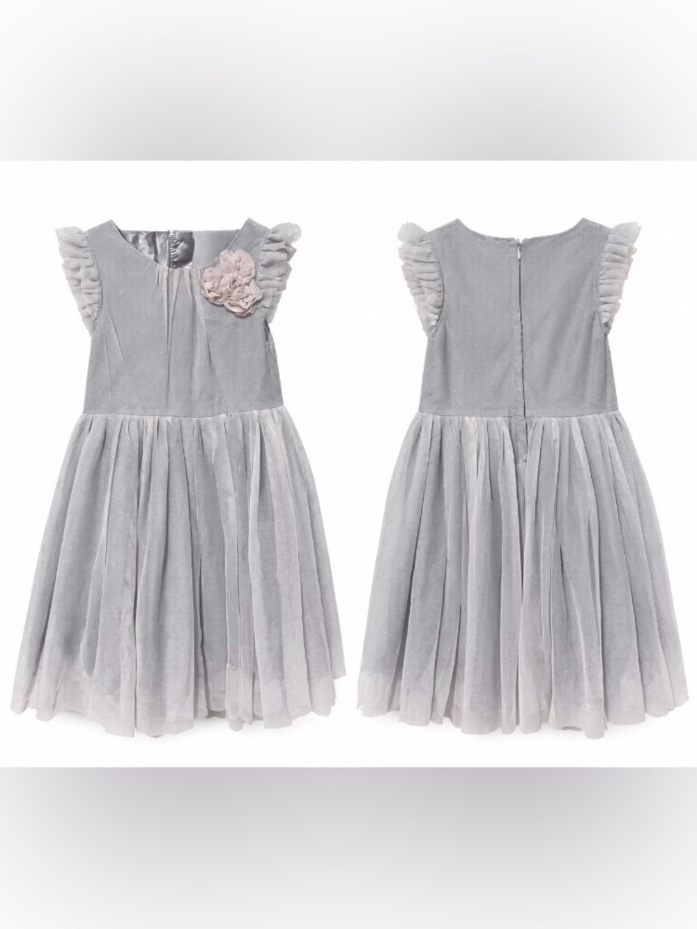 H&M Girls Light Grey Shimmer Tulle Dress Flower Accent 6/7 Princess